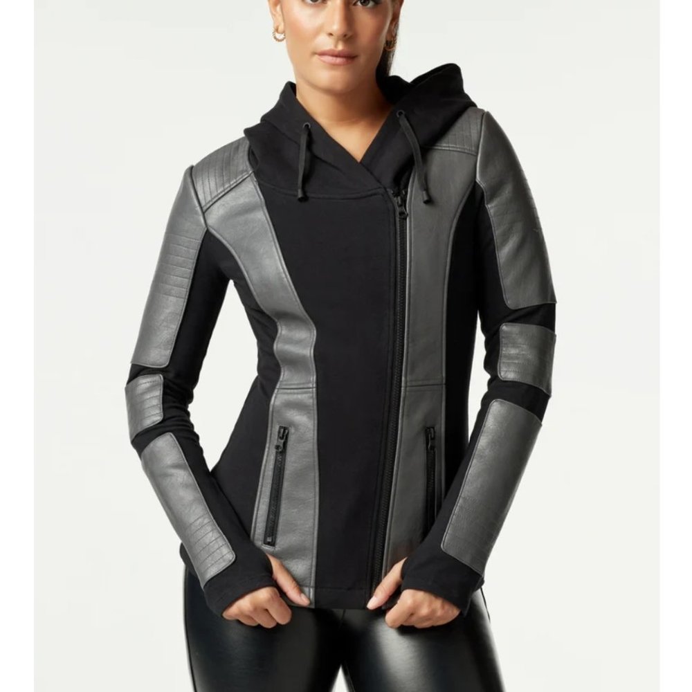 Blanc Noir Asym Hooded Moto Jacket  in Grey